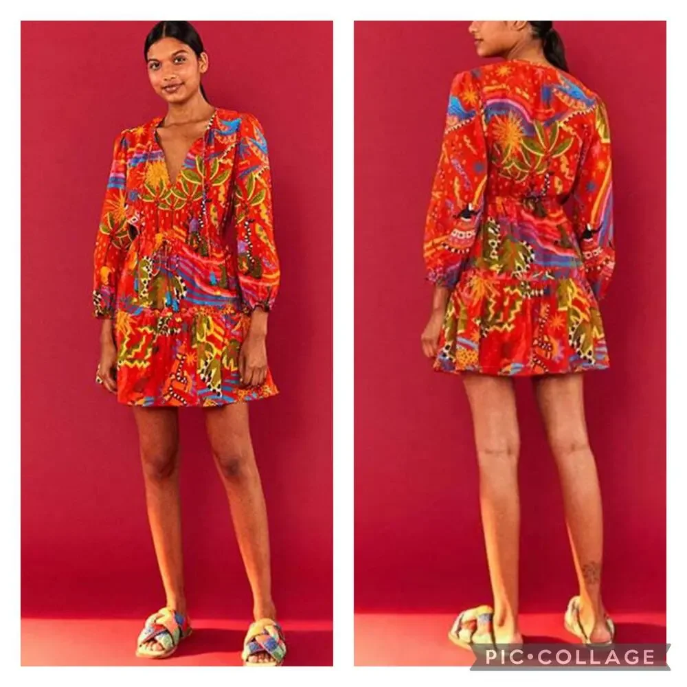 Farm Rio Magic Forest Cotton Mini Dress V-Neck Long Sleeve Beaded Tassels sz M - Picture 15 of 16